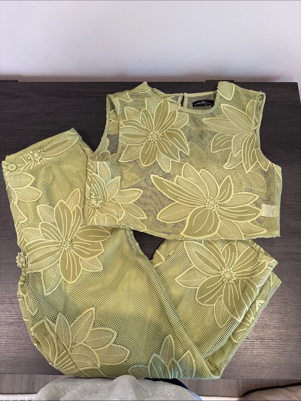 On Twelfth | Sage Green Floral Lace Crop Top and Pants Set | Large